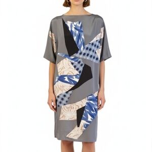 Gray and Blue Sheath Artdeco  Dress with Dolman Sleeves